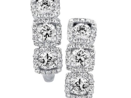 18k White Round Gold Diamond 3 Station Halo Hoop Earrings (1.42cts) For Sale