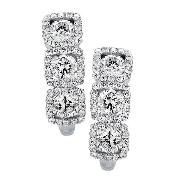 18k White Round Gold Diamond 3 Station Halo Hoop Earrings (1.42cts) For Sale