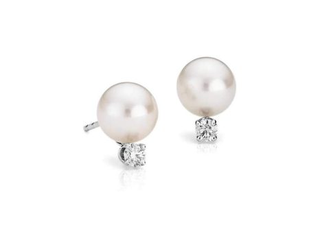 a14k White Gold 10.5-11mm White Pearl & Diamond Stud Earrings Cheap