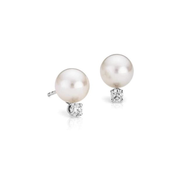 a14k White Gold 10.5-11mm White Pearl & Diamond Stud Earrings Cheap