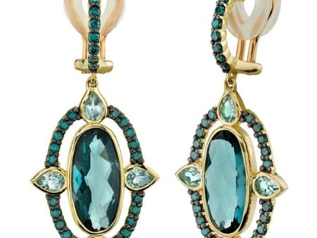 18k Yellow Gold London Blue Topaz (8.00ct) With Sky Blue Topaz (1.50ct) & Blue Diamond (.90ct) Drop Earrings on Sale