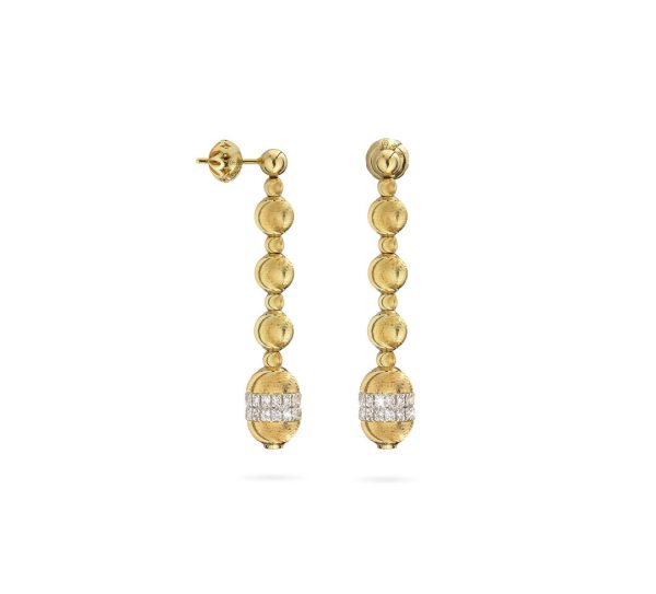 18k Yellow Gold Empire Bead & Diamond Drop Earrings For Sale