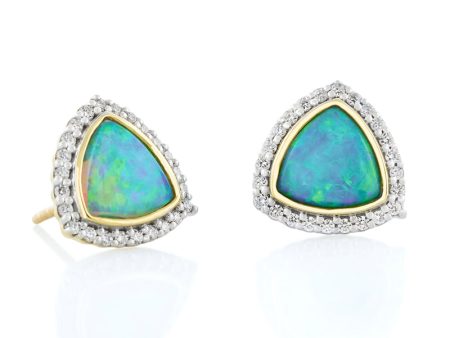 18k Yellow Gold Trillion Opal & Diamond Halo Stud Earrings Online now