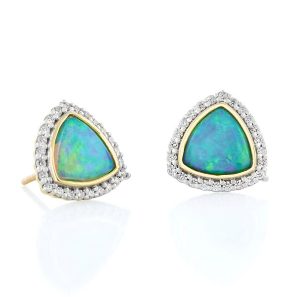 18k Yellow Gold Trillion Opal & Diamond Halo Stud Earrings Online now