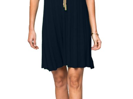 Stephanie Wave Rib Knit Short Sleeved Swing Navy Dress; For Discount