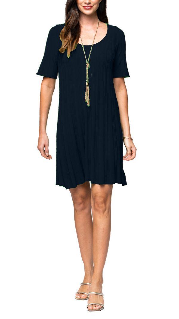 Stephanie Wave Rib Knit Short Sleeved Swing Navy Dress; For Discount