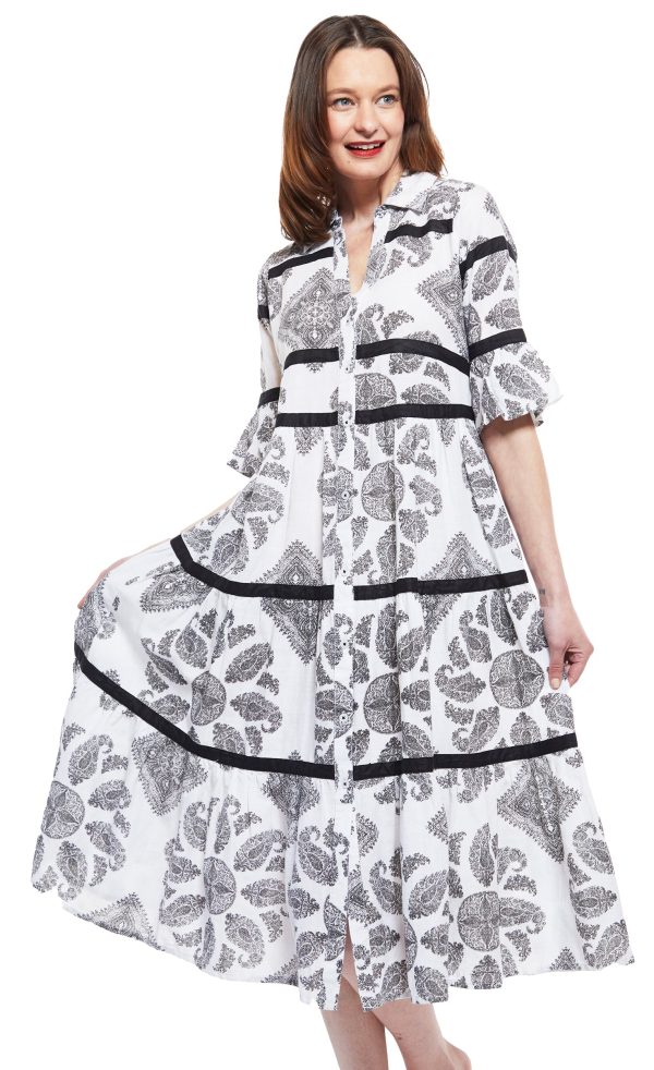 Miami Midi Dress - Black White Paisley With Black Ribbon Trim Discount