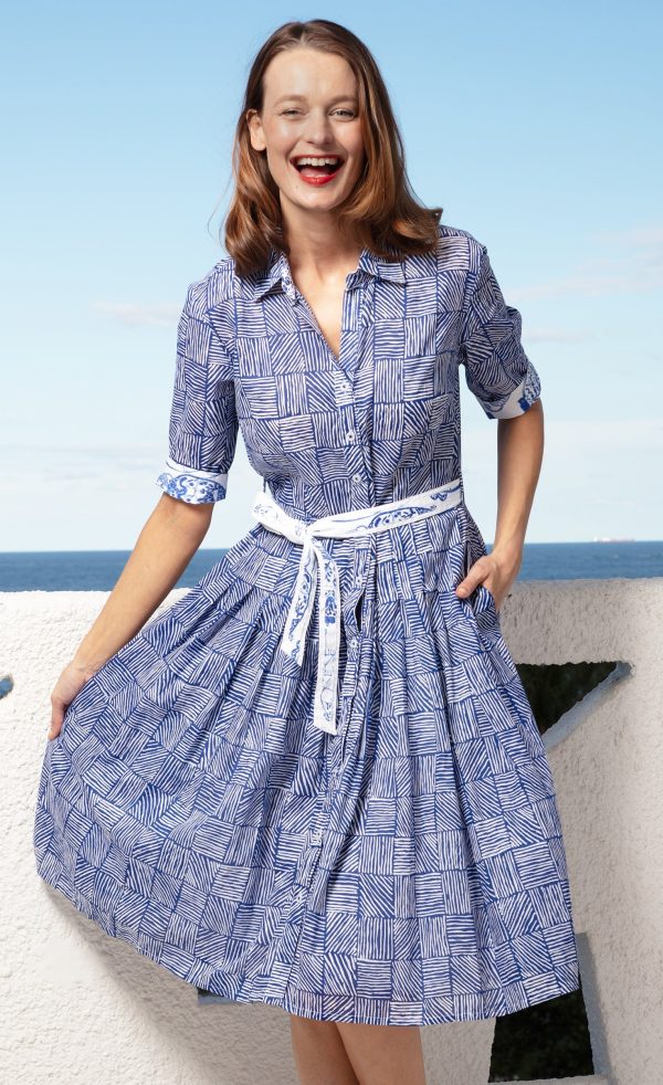 Mrs Maisel Dress - Navy White Criss Cross Boxes For Cheap