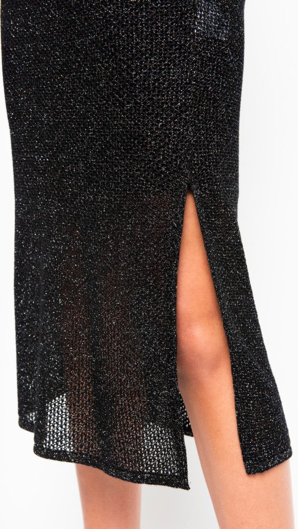 Simona Shimmer Mesh Knit Short Sleeved Long Dress - Black Silver Sale