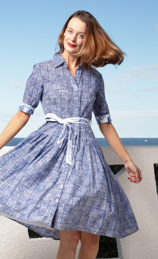 Mrs Maisel Dress - Navy White Criss Cross Boxes For Cheap