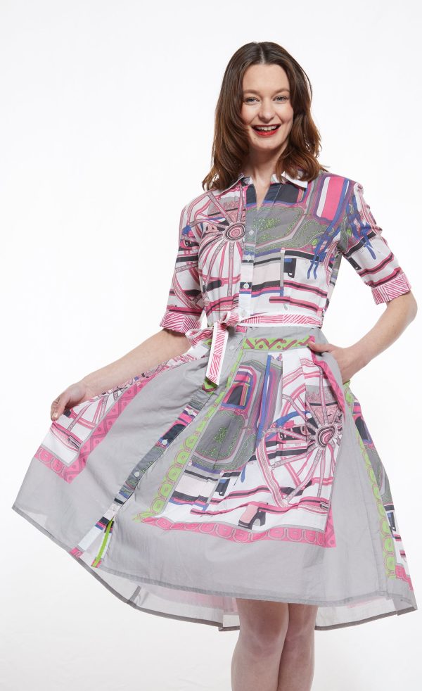 Mrs Maisel Dress - Wheel Print in Grey And Pink Online