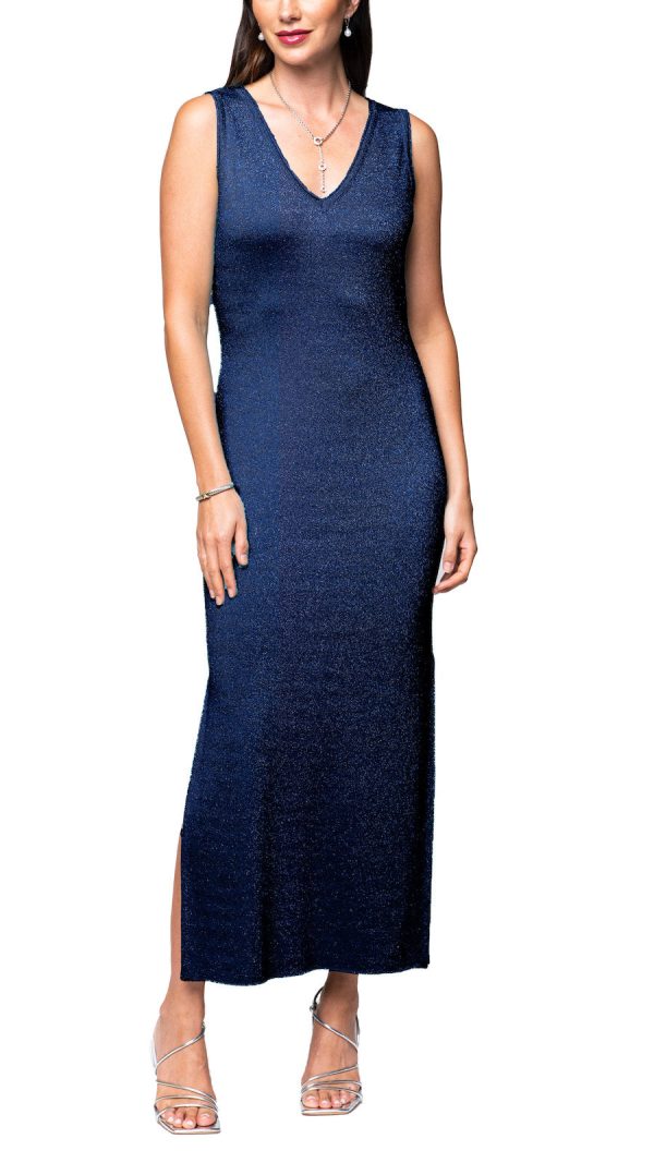 Aria Long Sleeveless Dress Gown - Navy Shimmer Hot on Sale