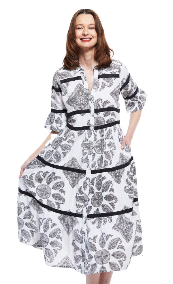 Miami Midi Dress - Black White Paisley With Black Ribbon Trim Discount