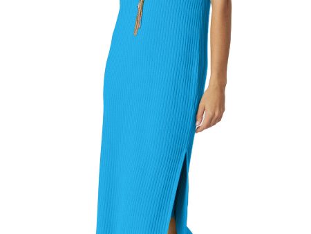 Betsy Vertical Rib Knit Sleeveless Mid-Calf Sheath Dress - Turquoise Online Hot Sale