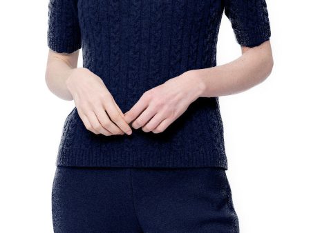 Lea Short Sleeved Cable-Knit Turtleneck -  Thunder Navy For Cheap