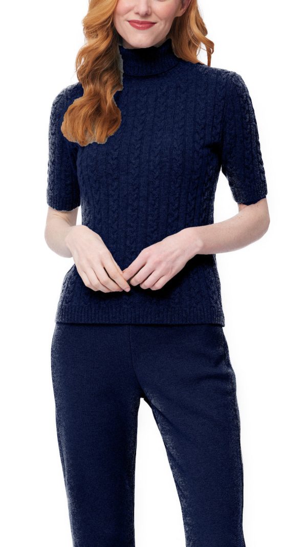 Lea Short Sleeved Cable-Knit Turtleneck -  Thunder Navy For Cheap