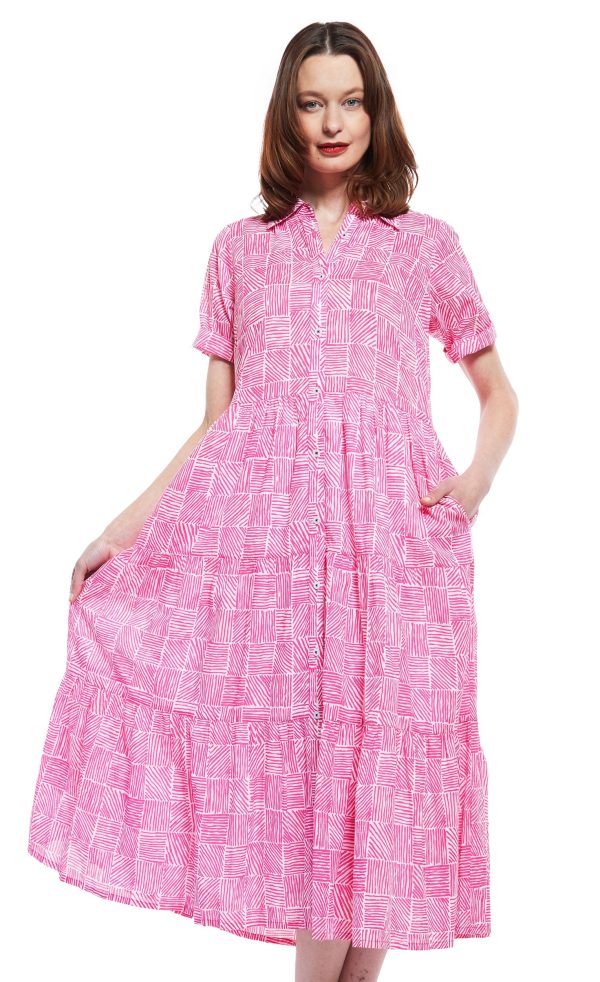 Palm Desert Long Dress - Fuschia And White Criss Cross Pattern For Sale