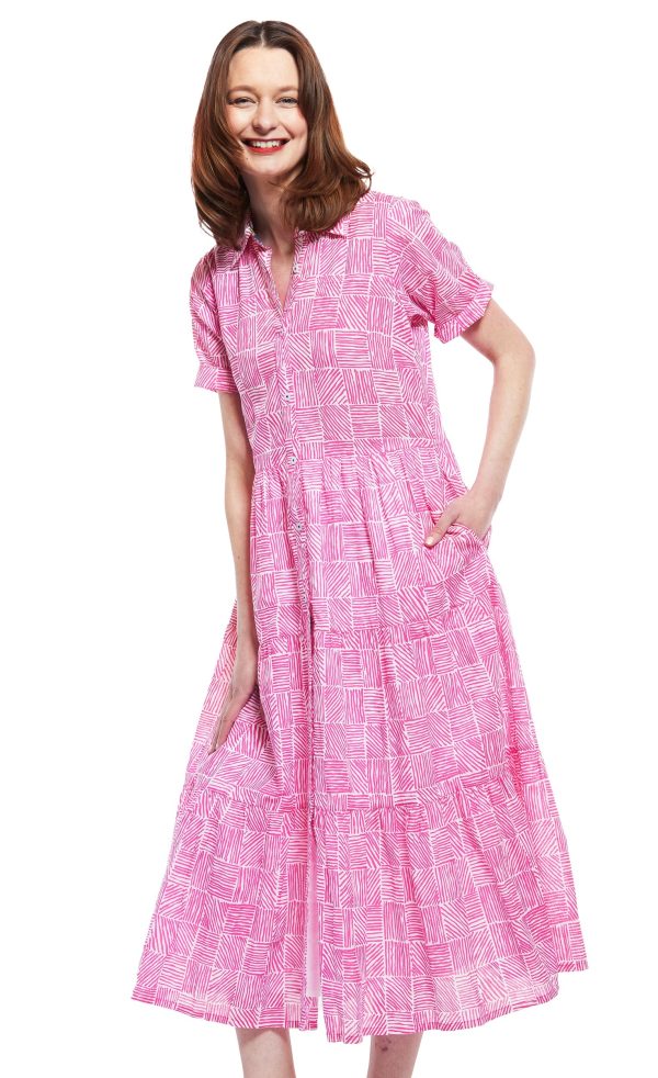 Palm Desert Long Dress - Fuschia And White Criss Cross Pattern For Sale