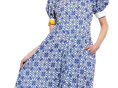 Montauk Dress - Blue With White Geometric Pattern For Sale