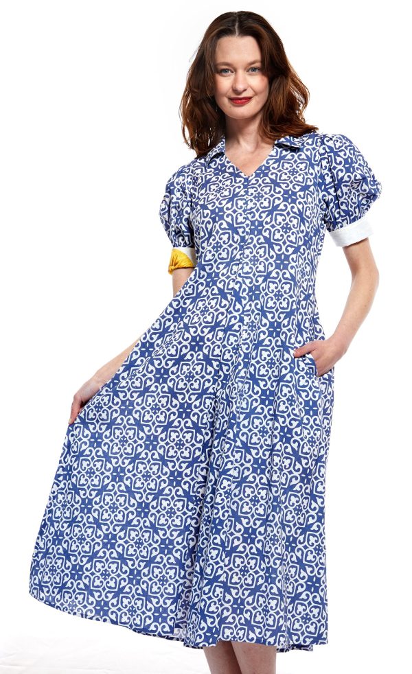 Montauk Dress - Blue With White Geometric Pattern For Sale