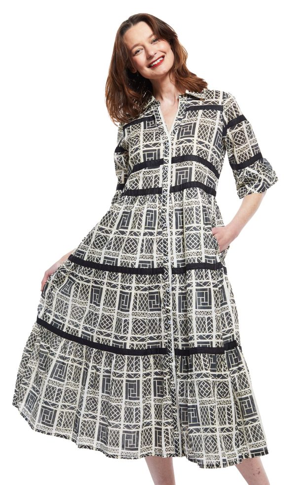 Miami Midi Dress- Black White Wicker With Black Ribbon Trim on Sale