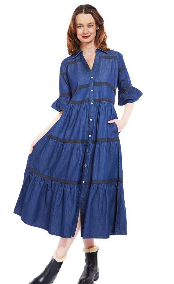 Miami Midi Dress - Denim With Black Ribbon Trim on Sale